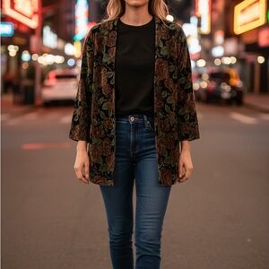 Vintage Velvet Floral Blazer Jacket Cardigan Black Multi Long Sleeve No Sz Read